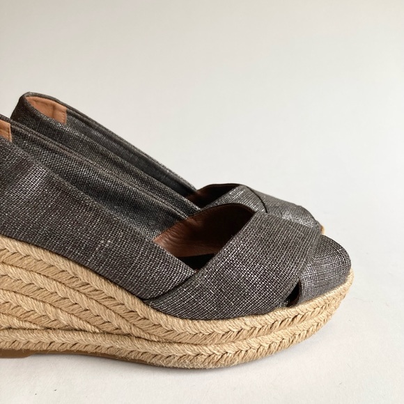 Tory Burch Grey Silver Fabric Espadrille Heeled Wedges size 8 - Picture 5 of 14